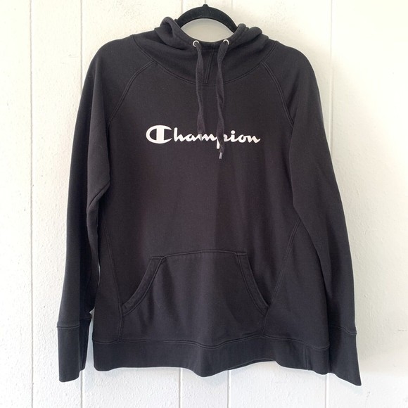 Champion Womens Large Hoodie Black Pullover White Spell Out Logo Funnel Neck - Picture 1 of 7